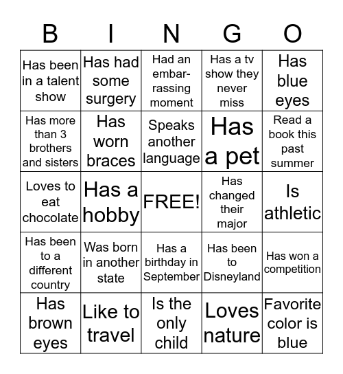 Classmate Bingo Card