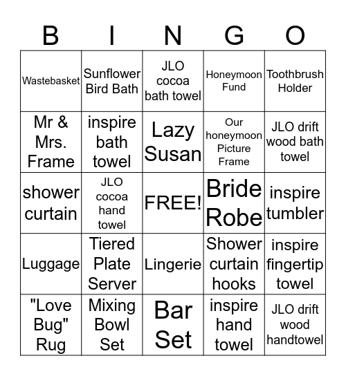 Jennifer's Bridal Shower Bingo Card