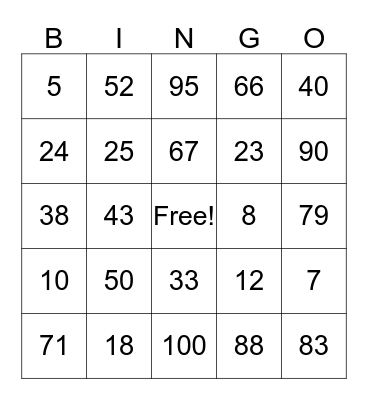 MENTAL MATH BINGO Card