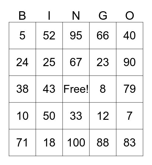 MENTAL MATH BINGO Card