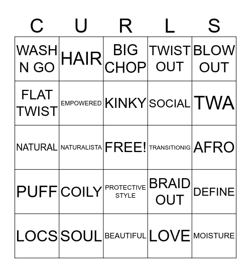 Natural Hair Bingo Card
