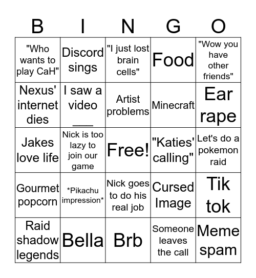 Discord call Bingo Card