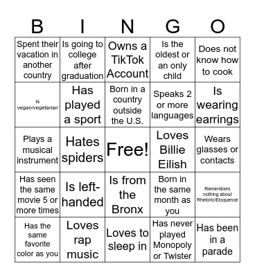 Back to School  Bingo Card