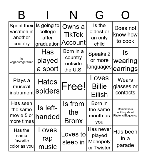 Back to School  Bingo Card