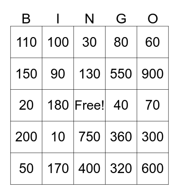 MENTAL MATH BINGO Card