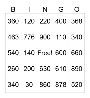 MENTAL MATH BINGO Card