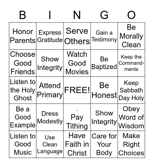 Temple Preparedness Bingo Card
