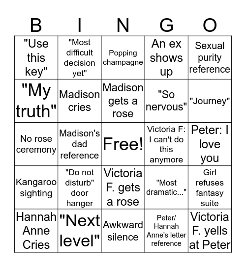 Fantasy Suite Down Under Bingo Card