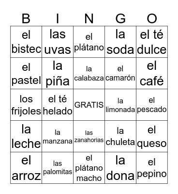 Spa. 2 FOOD Bingo Card