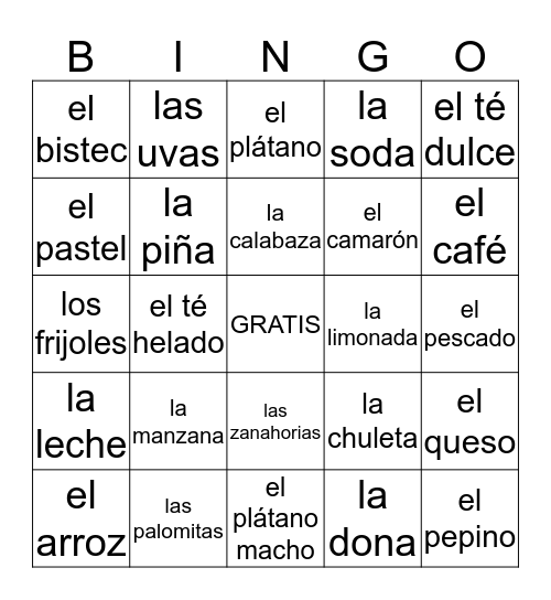 Spa. 2 FOOD Bingo Card