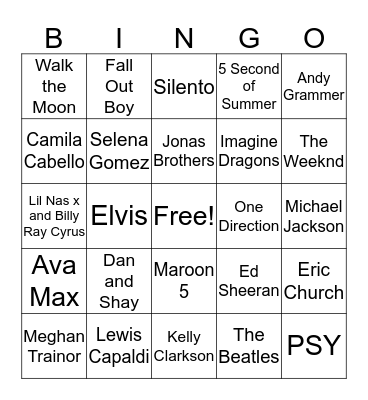 Pop Music  Bingo Card