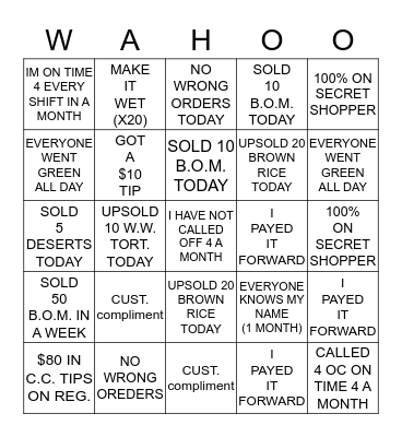 WAHOO'S BINGO CHALLENGE!!! Bingo Card