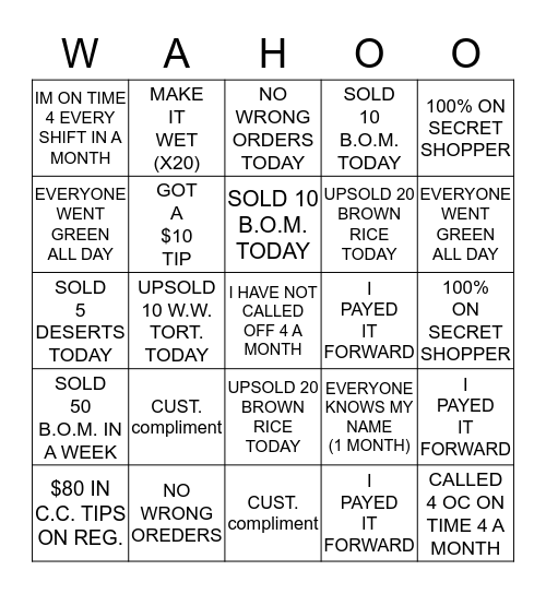 WAHOO'S BINGO CHALLENGE!!! Bingo Card