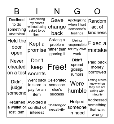 INTEGRITY BINGO Card