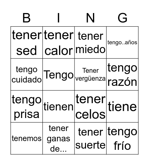 Tener Expressions Bingo Card