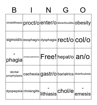 Digestive System  Bingo Card