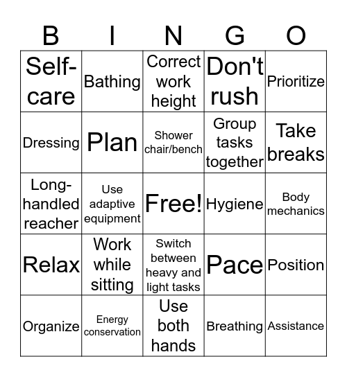 Energy Conservation/Work Simplification Bingo Card