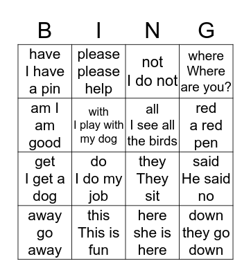 sight words Bingo Card