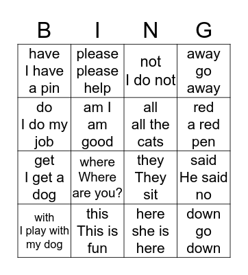 sight words Bingo Card