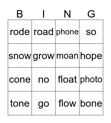 LONG O sound Bingo Card