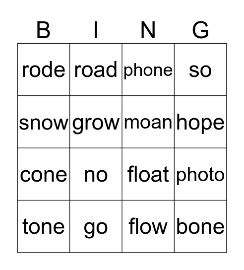 LONG O sound Bingo Card