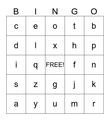 Lowercase Letters Bingo Card