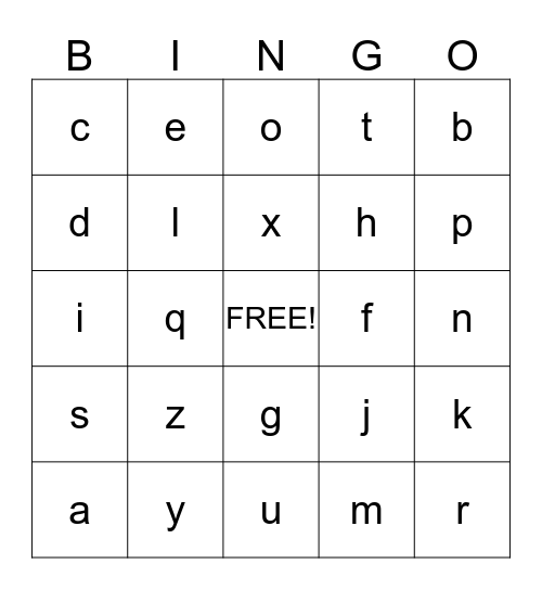 Lowercase Letters Bingo Card