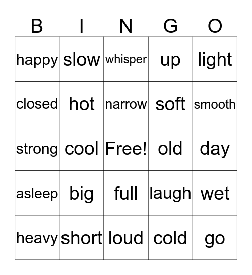 Opposites Bingo Card