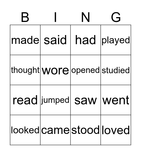 Irregular Verbs Bingo Card