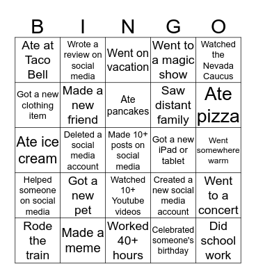 February Break Bingo Card