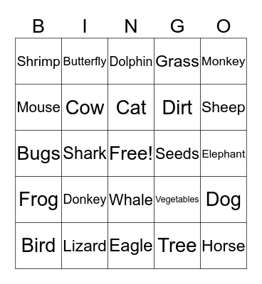 Animal Theme Bingo Card