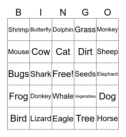 Animal Theme Bingo Card