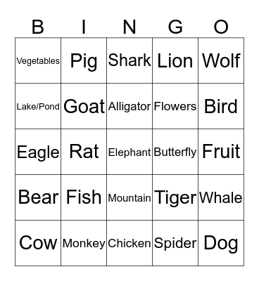 Animal Theme Bingo Card