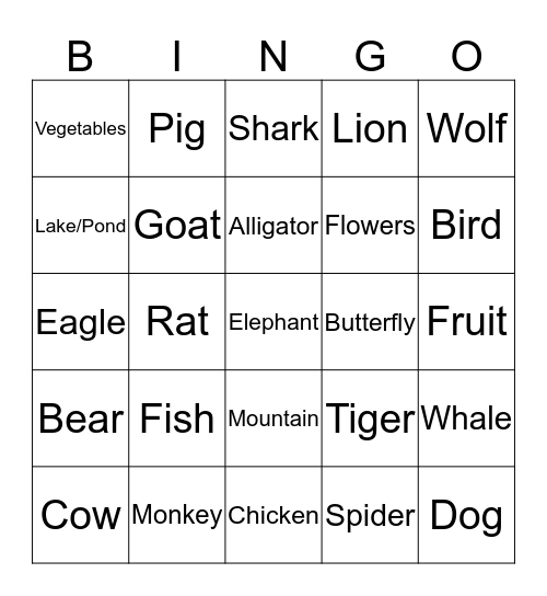 Animal Theme Bingo Card