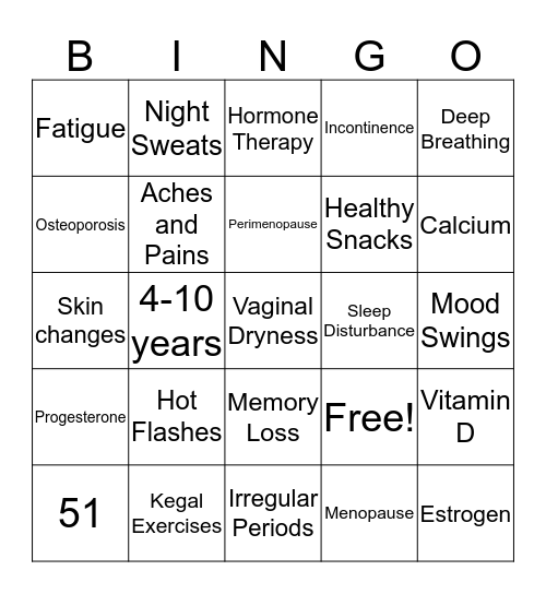 Menopause Bingo Card