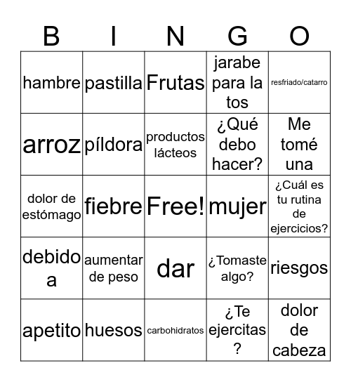 Salud y nutrición Bingo Card