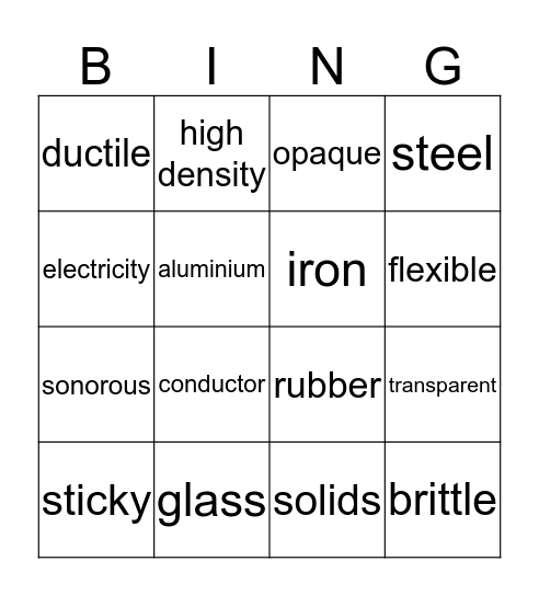 Materials and properties Bingo Card