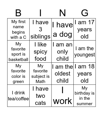 Get to Know Me - Bingo Card
