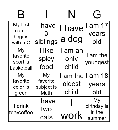 Get to Know Me - Bingo Card