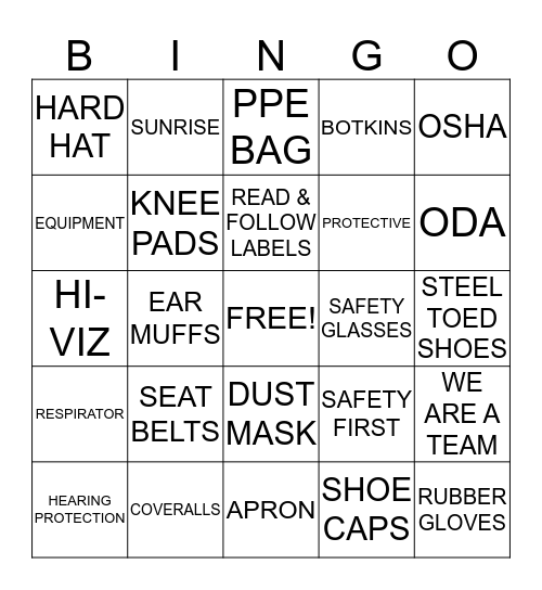 PPE SAFETY Bingo Card