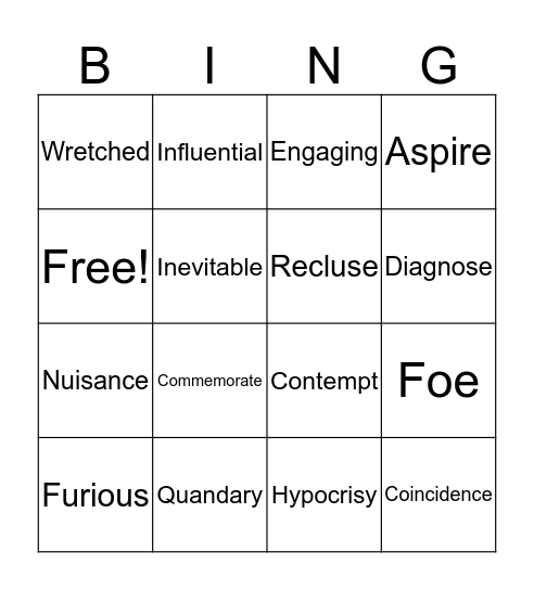 Vocabulary Bingo  Bingo Card