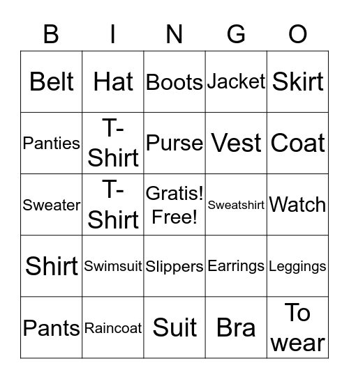 Bingo de Ropa Bingo Card