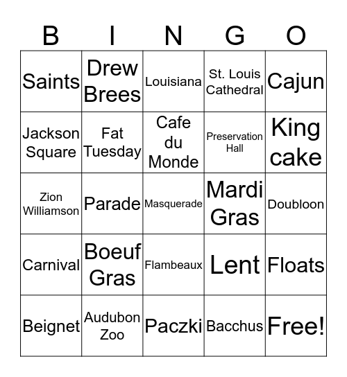 Mardi Gras Bingo Card