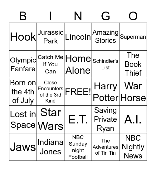 John Williams Bingo Card