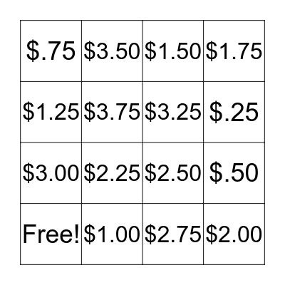 Counting Money Bingo Card