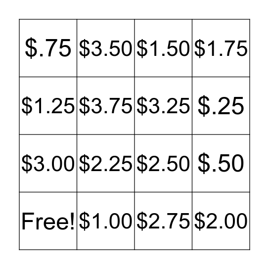 Counting Money Bingo Card