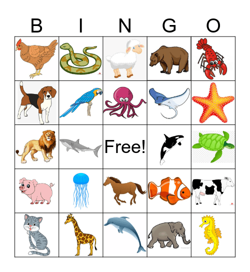 Ocean & Land Animal Bingo Card