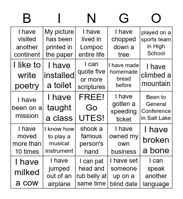Life Experience Bingo Card