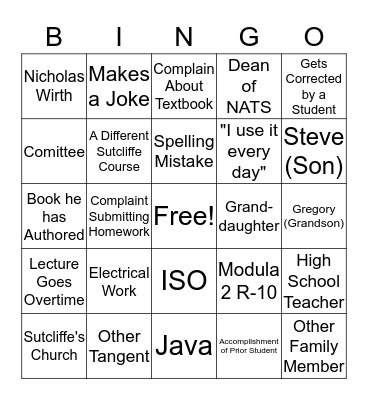 Sutcliffe Bingo Card