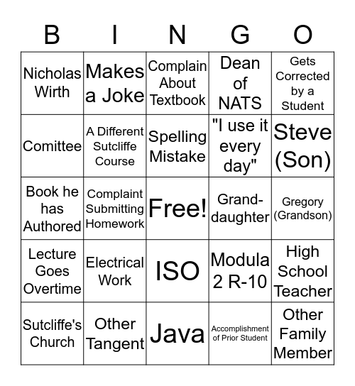 Sutcliffe Bingo Card